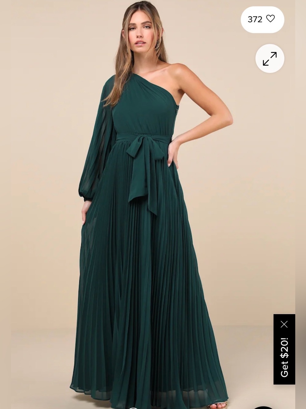 Lulu's Emerald One-Shoulder Pleated Maxi Dress